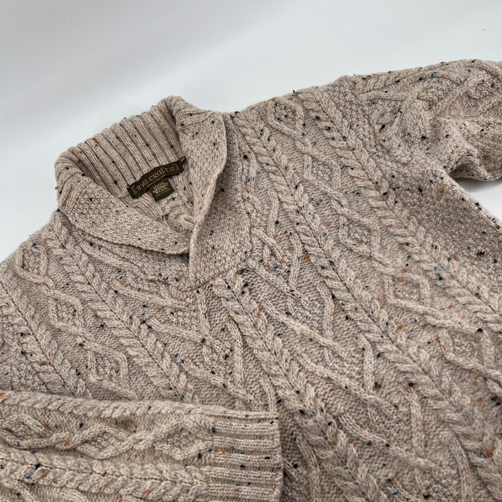 Inis Crafts Ireland Merino Wool Cable Knit Shawl Collar Sweater XL Donegal Fleck